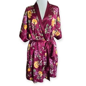 Vintage Just My Size 2pc Set, Satin Chemise W/ Robe, Floral Burgundy, Size 1X